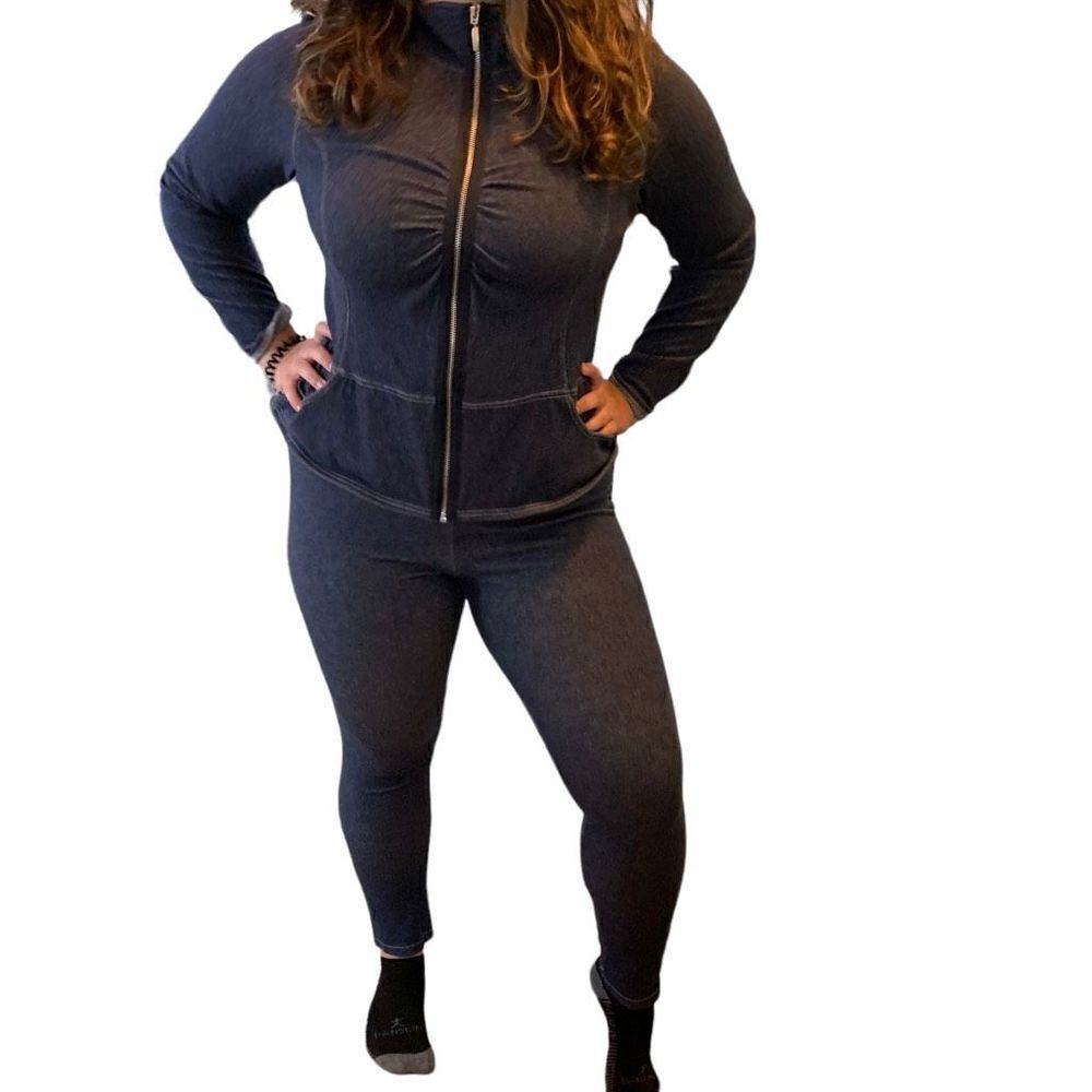 Rafaella Denim VNTG (80s?) Pantsuit Stretchy Gathered Front Full Zip Pockets XL‎